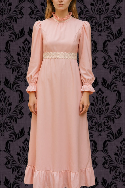 Vintage Dress 1960s Gunne Sax Style Dress Pink Prairie Western Maxi Dress Lace Trim Ruffle Hem Cottagecore Wedding Size Small