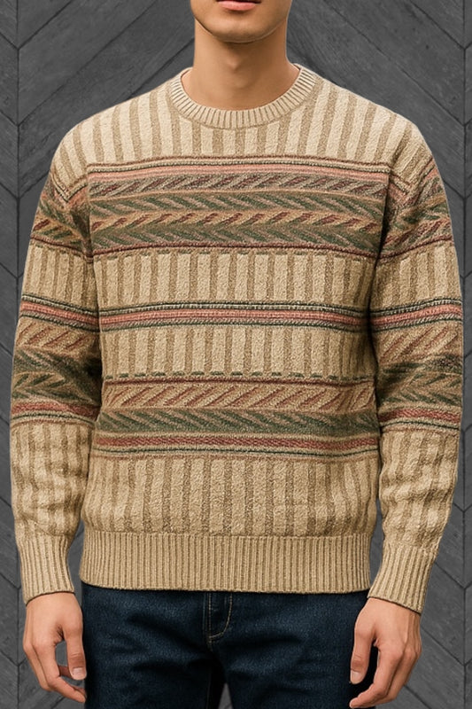 Men's Vintage Sweater Mens Coogi style jumper Cable Hand Knit preppy Grunge Fair isle Nordic Brown XL