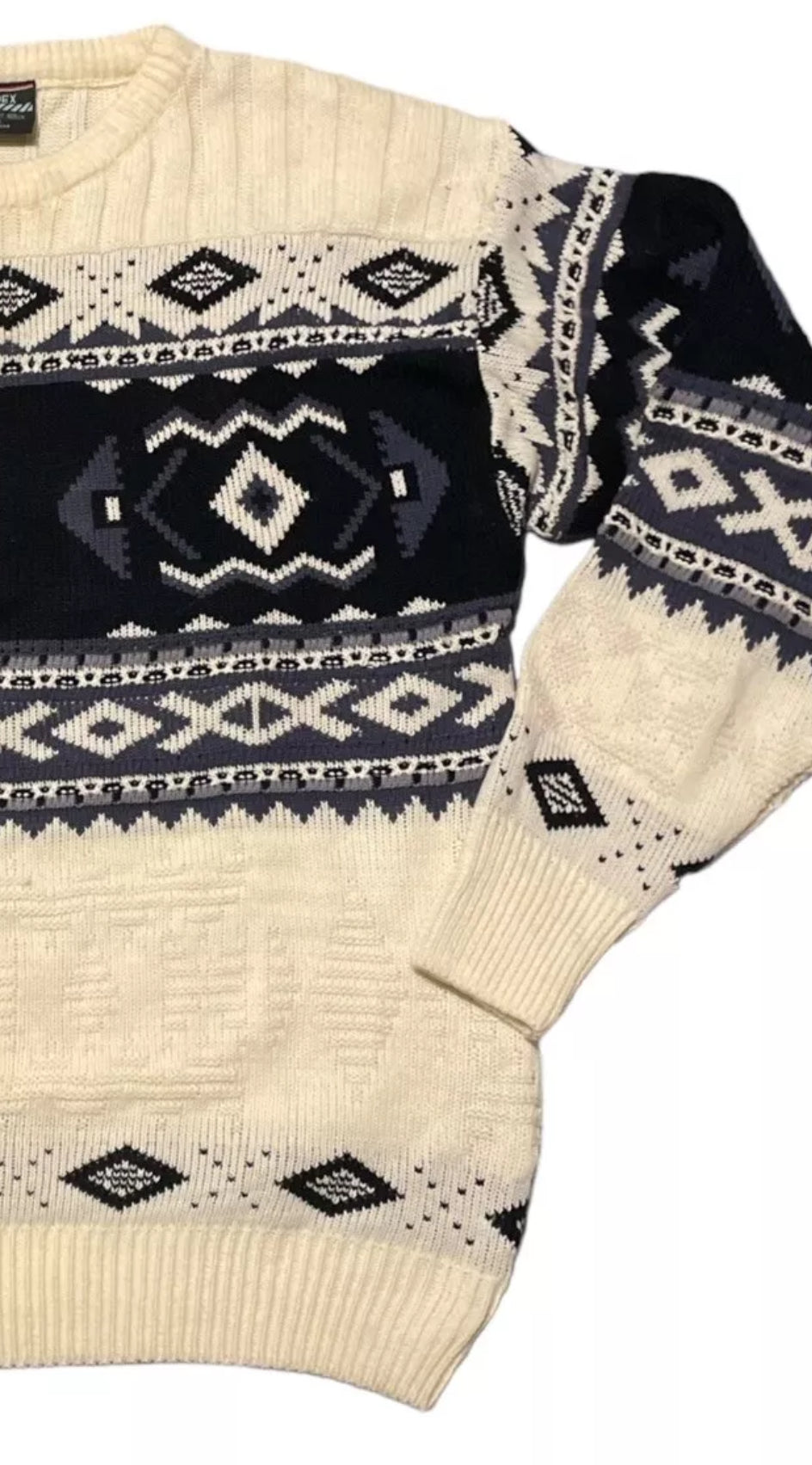 Men’s Vintage Sweater Mens Nordic Sweater Cowichan Style Vintage 80s Knit Fair Isle White Navy XL