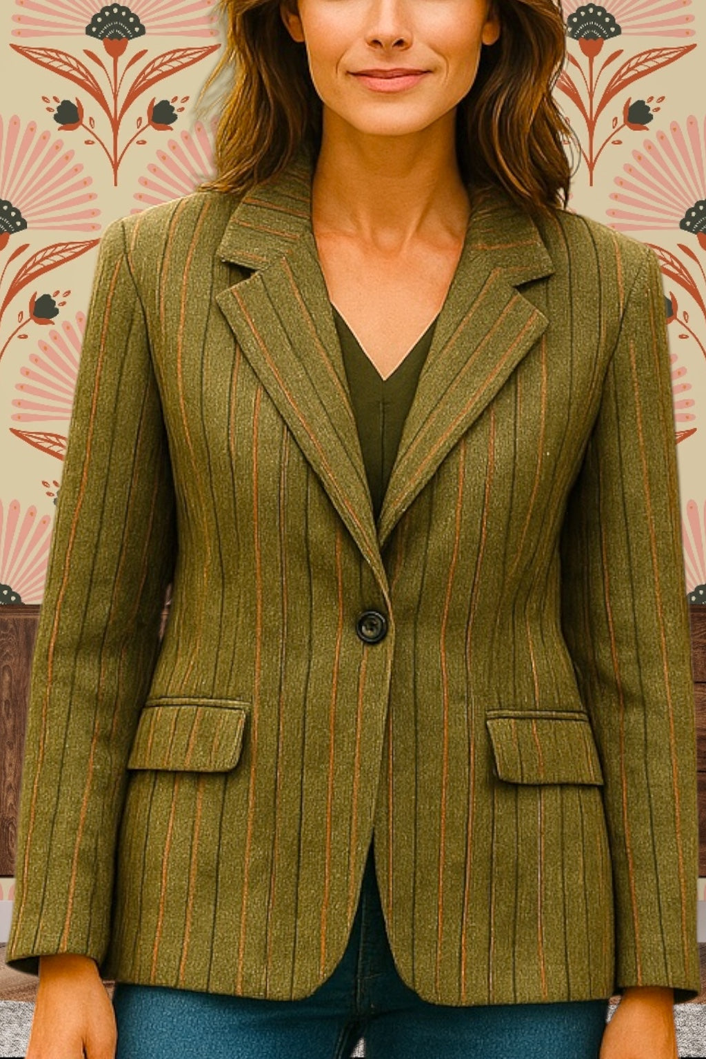 Vintage Blazer Women’s 1920s Striped Jacket Wool Felt Classic Tailored Jacket Khaki Size M