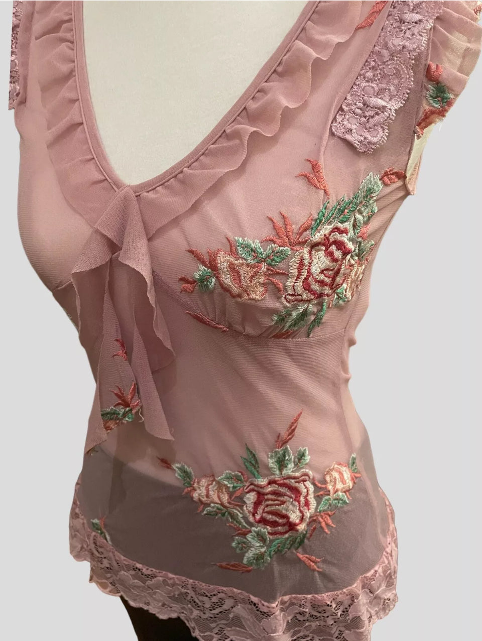 Vintage Mesh Top 90s Y2K Pink Mesh Floral Embroidery Lace Blouse Size Small