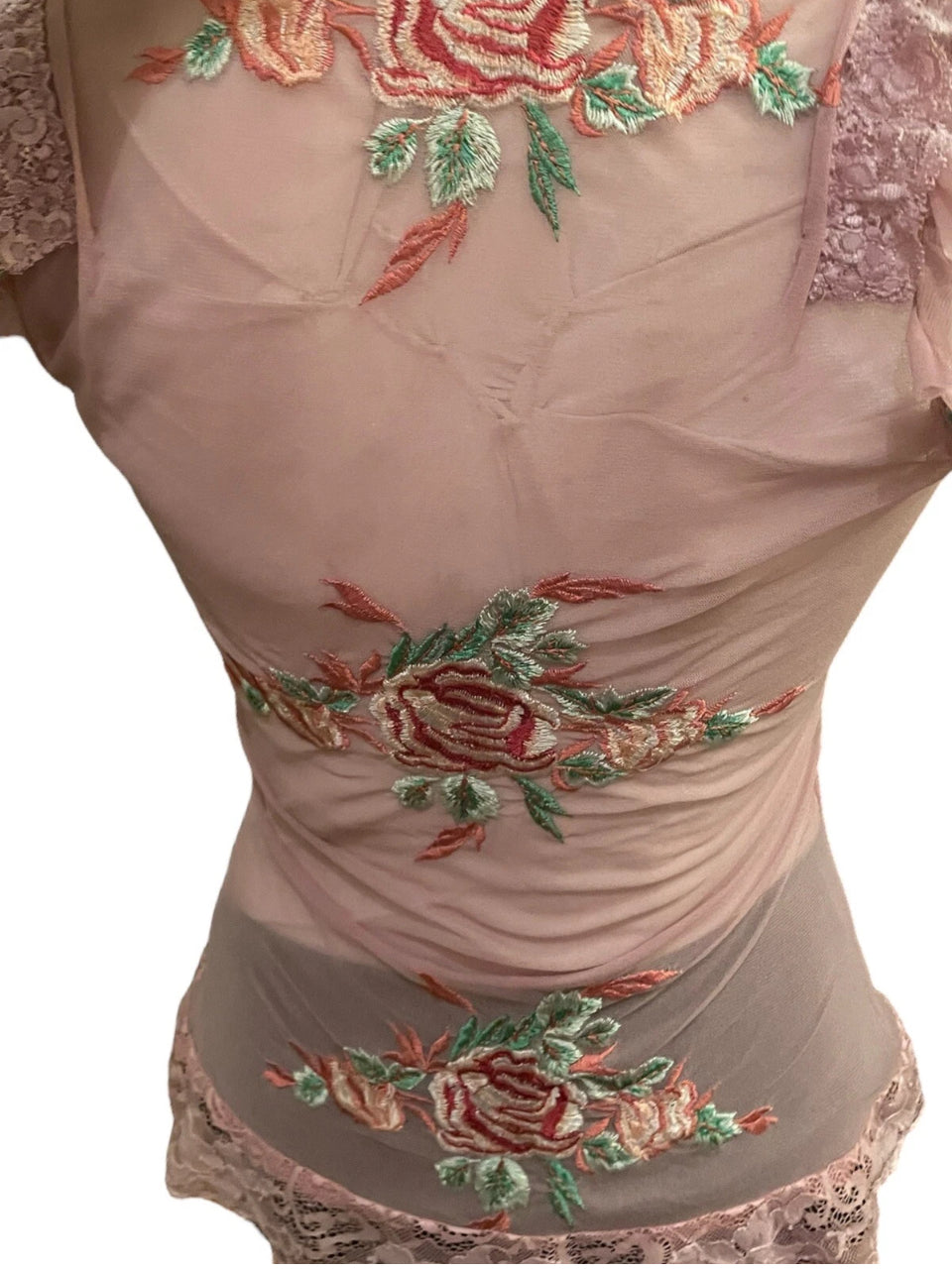 Vintage Mesh Top 90s Y2K Pink Mesh Floral Embroidery Lace Blouse Size Small
