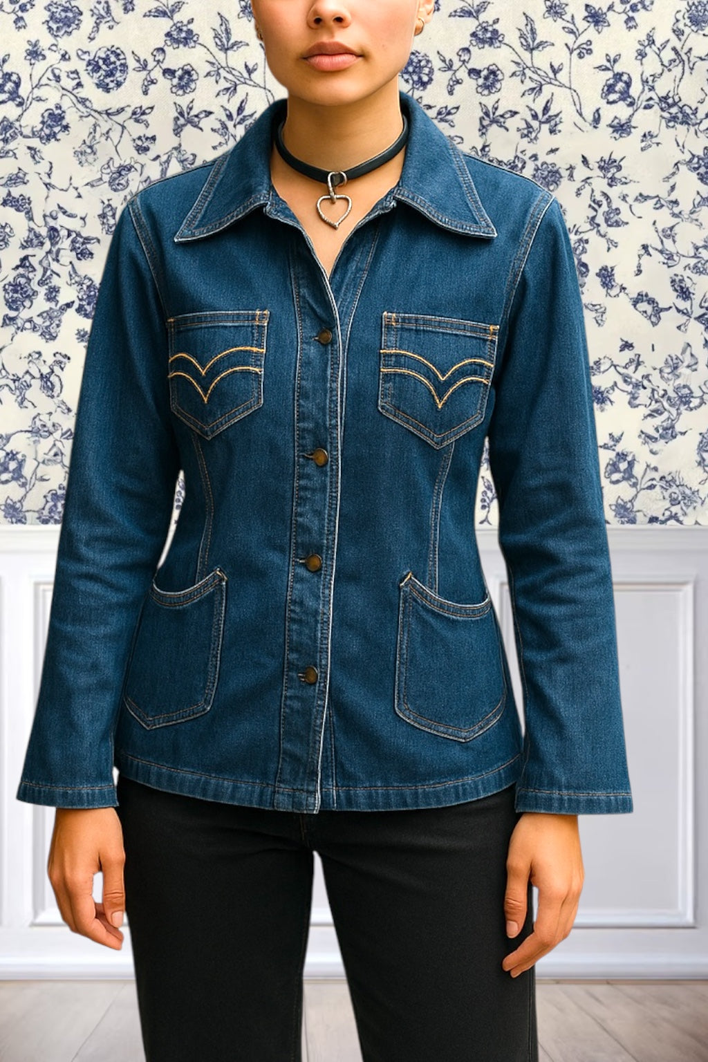Vintage 1970s Denim Jacket Retro Western Fitted Jacket Dagger Collar Rare Genuine Vintage Dark Denim Size Small