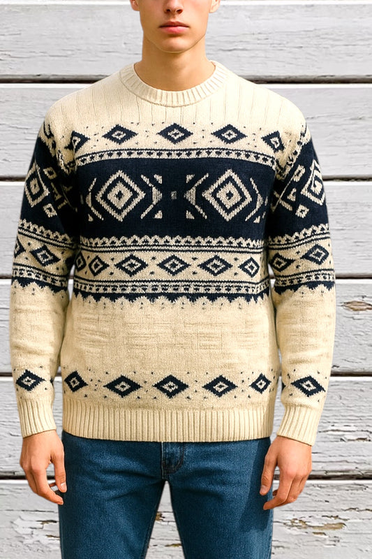 Men’s Vintage Sweater Mens Nordic Sweater Cowichan Style Vintage 80s Knit Fair Isle White Navy XL