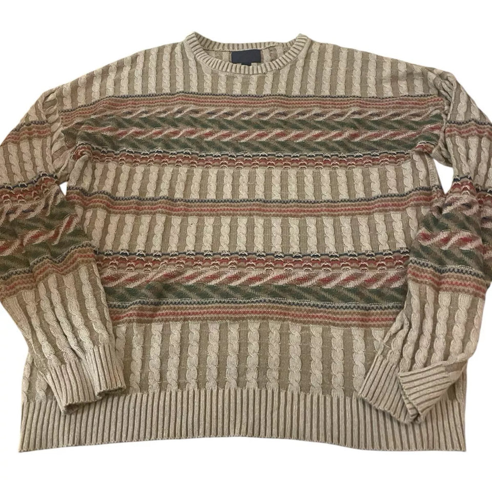 Men's Vintage Sweater Mens Coogi style jumper Cable Hand Knit preppy Grunge Fair isle Nordic Brown XL