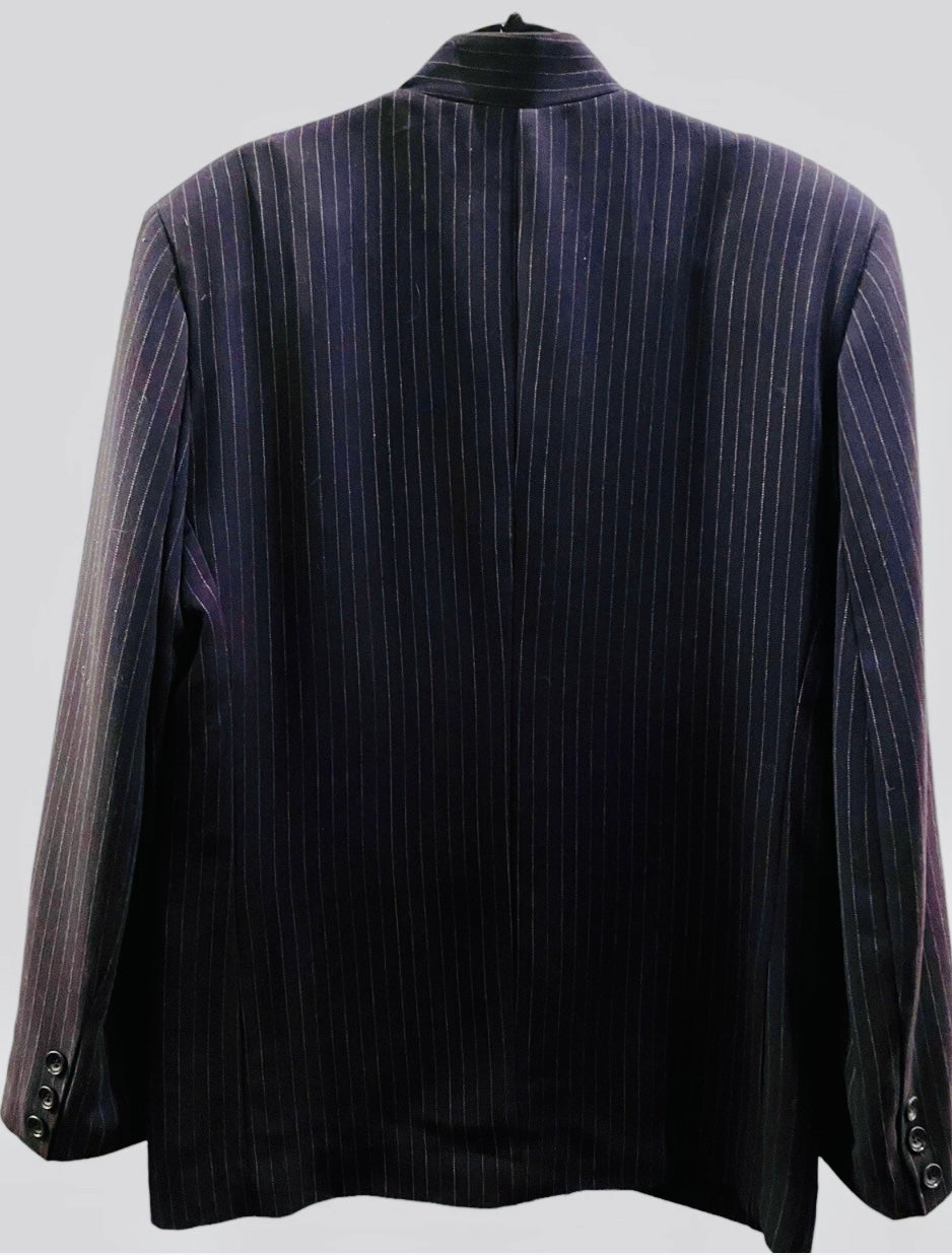 Men’s Blazer Vintage Men's Jacket 1990s Navy Pinstripe Blazer Tailored Minimalist Nehru Mandarin Collar Size L