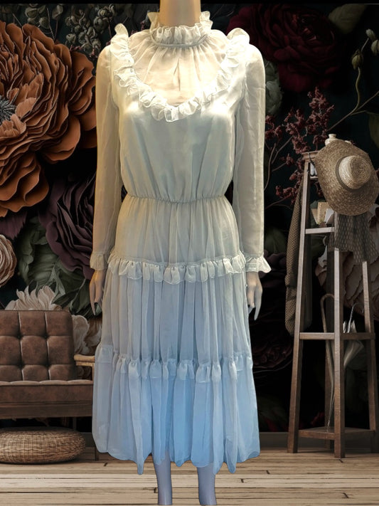 Vintage Ruffle Dress 1970s Grey Tiered Vintage Dress Sheer Cocktail Dress Elegant Frills Size Small