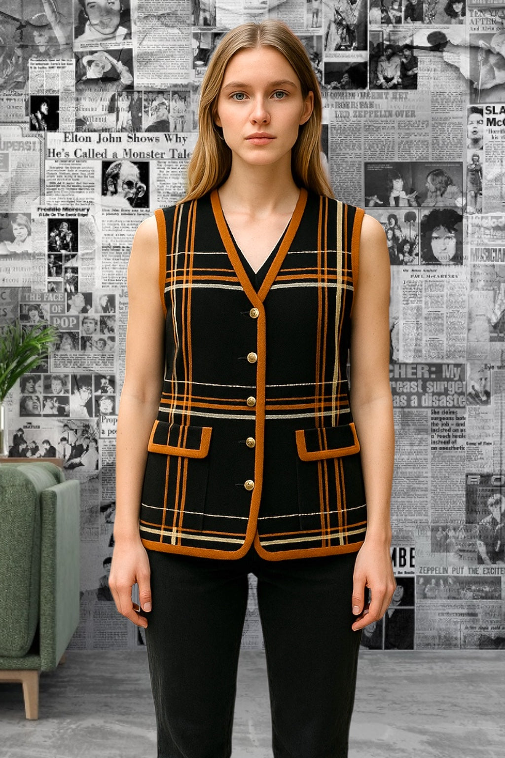 Vintage Vest 1950s Wool Vest Women’s Black Plaid Button Up Sleeveless Jacket Mod Style Atomic Era Size M