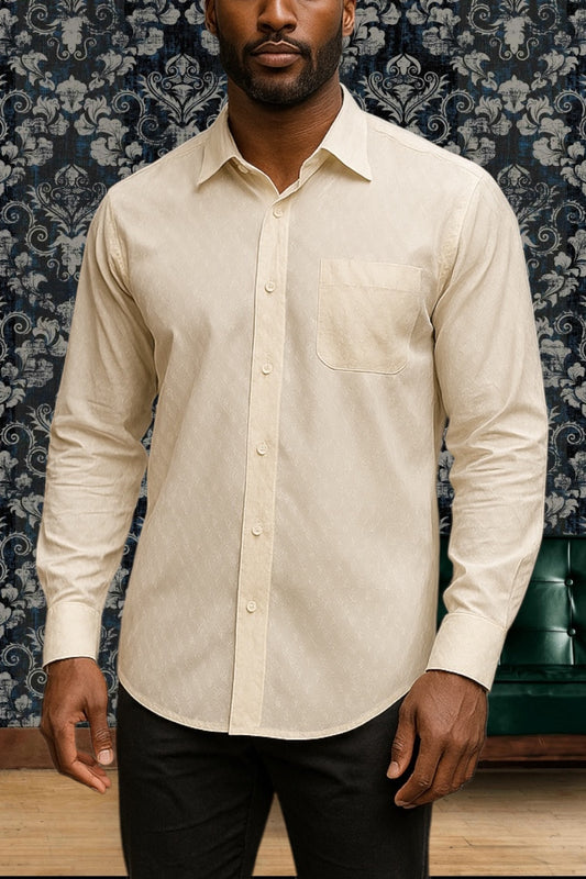 Men’s Silk Shirt Vintage 1930s Rare Single Needle pure silk tailored embossed Gatsby Off White Size L