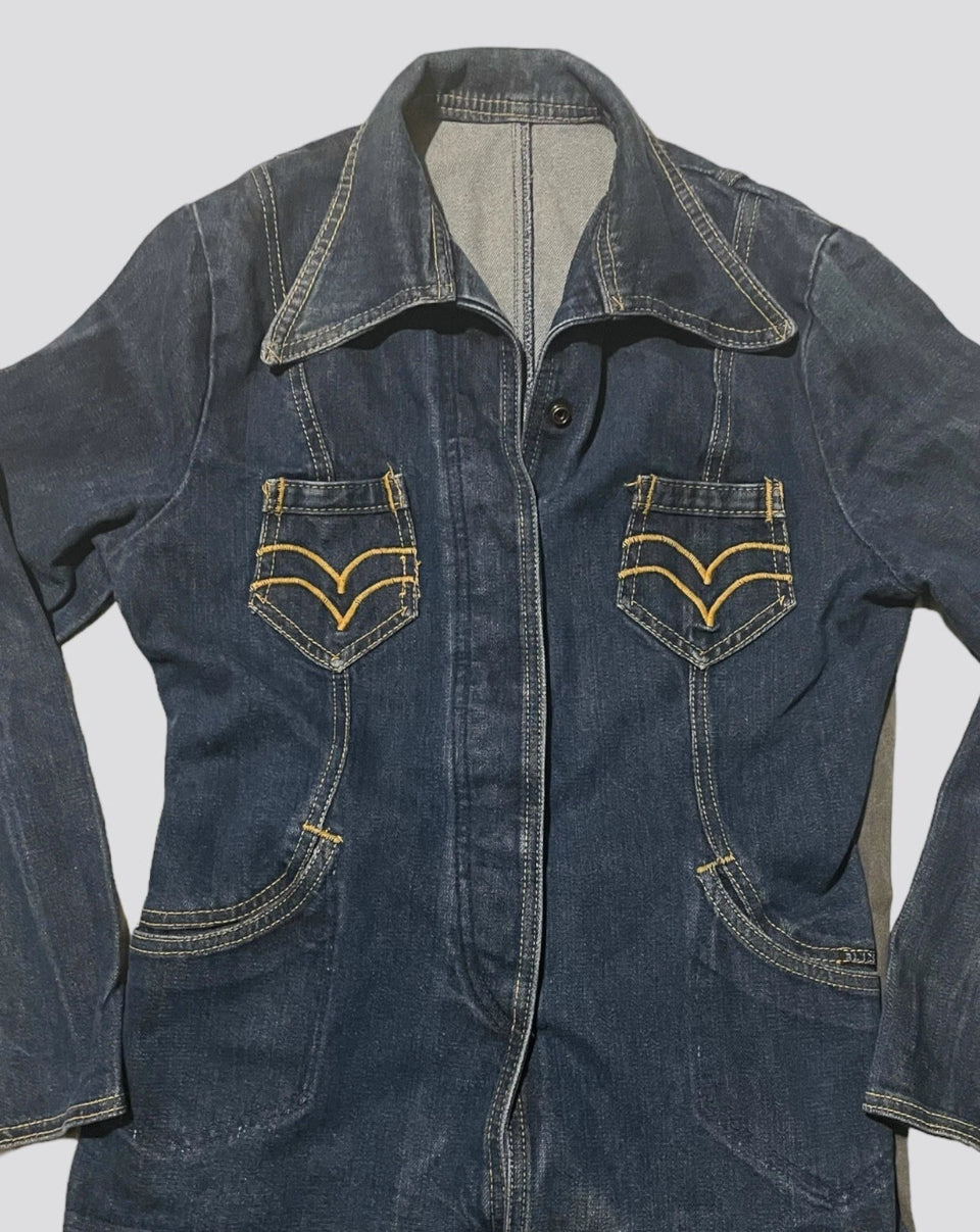 Vintage 1970s Denim Jacket Retro Western Fitted Jacket Dagger Collar Rare Genuine Vintage Dark Denim Size Small