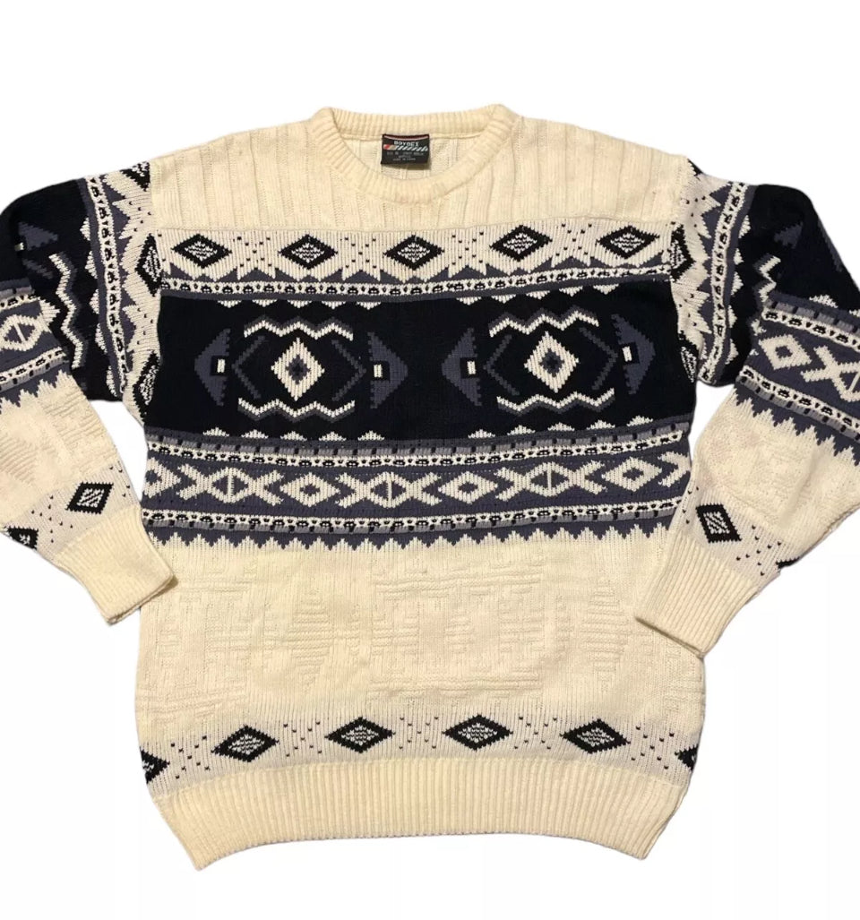 Men’s Vintage Sweater Mens Nordic Sweater Cowichan Style Vintage 80s Knit Fair Isle White Navy XL