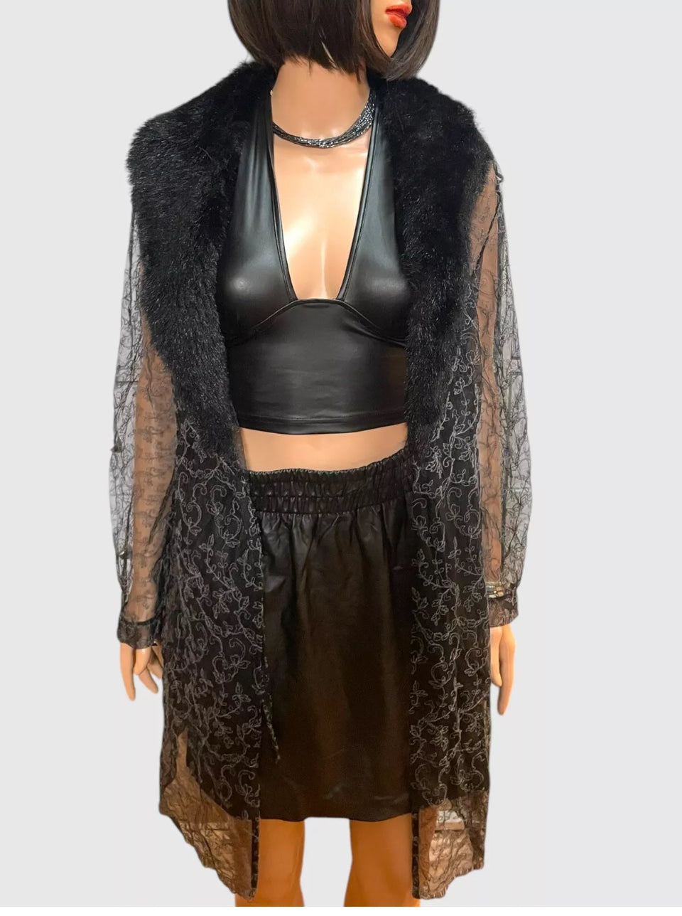 Vintage Black Lace Fur Coat Duster 1990s Sheer Embroidered Lace Faux Fur Glam Gothic Boudoir Burlesque vibes Size Medium