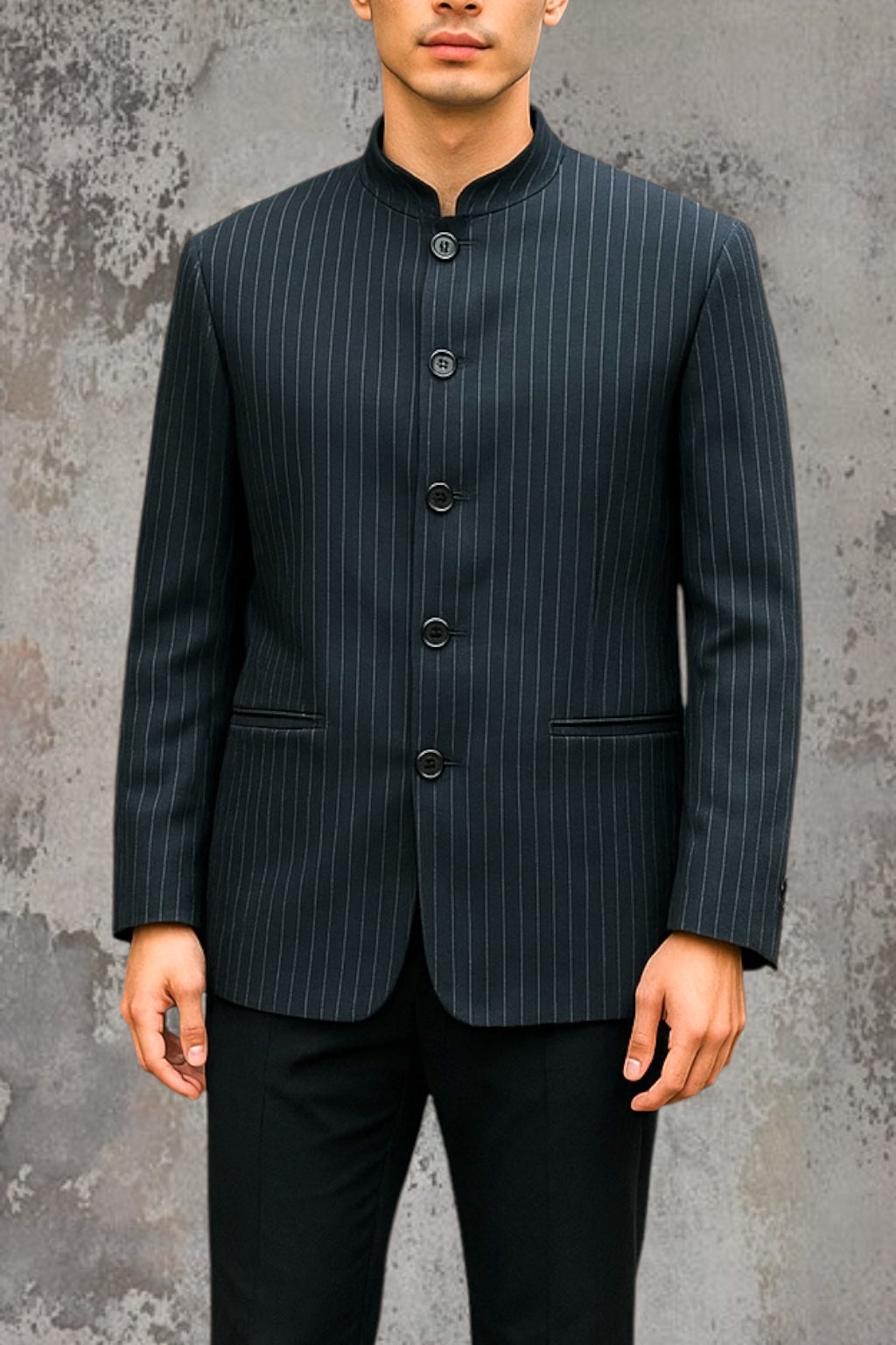 Men’s Blazer Vintage Men's Jacket 1990s Navy Pinstripe Blazer Tailored Minimalist Nehru Mandarin Collar Size L