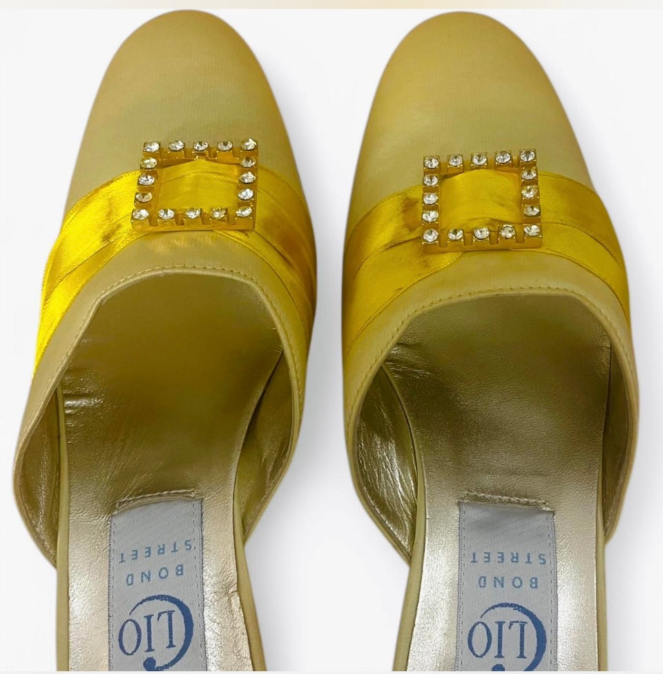 Vintage Shoes 1960s Kitten Heels Mules Clio Bond Street London Gold Satin Leather Shoes Diamond Buckle Retro Glam Size 6