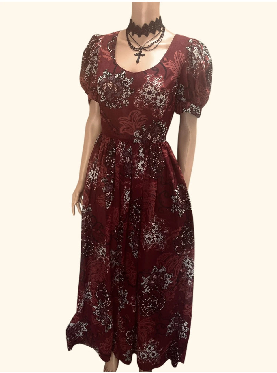 Vintage Dress 1960s Burgundy Maxi Dress circle skirt Vintage Chiffon Puff Sleeve Formal Wear Psychedelic Hippie Vibes Size Medium