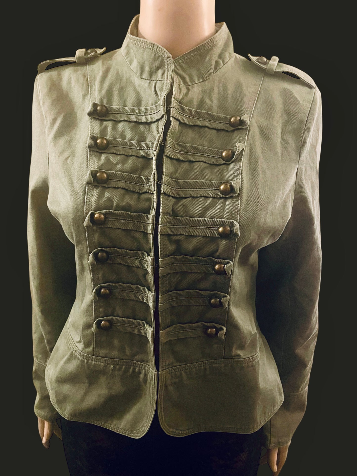 Vintage Y2K Military Jacket Cargo Denim Army Glam Sgt Pepper Brass Buttons Khaki Size M