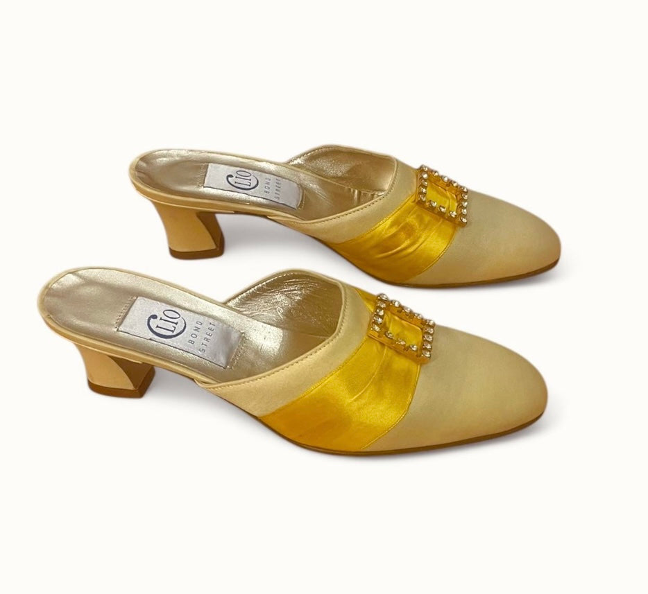 Vintage Shoes 1960s Kitten Heels Mules Clio Bond Street London Gold Satin Leather Shoes Diamond Buckle Retro Glam Size 6