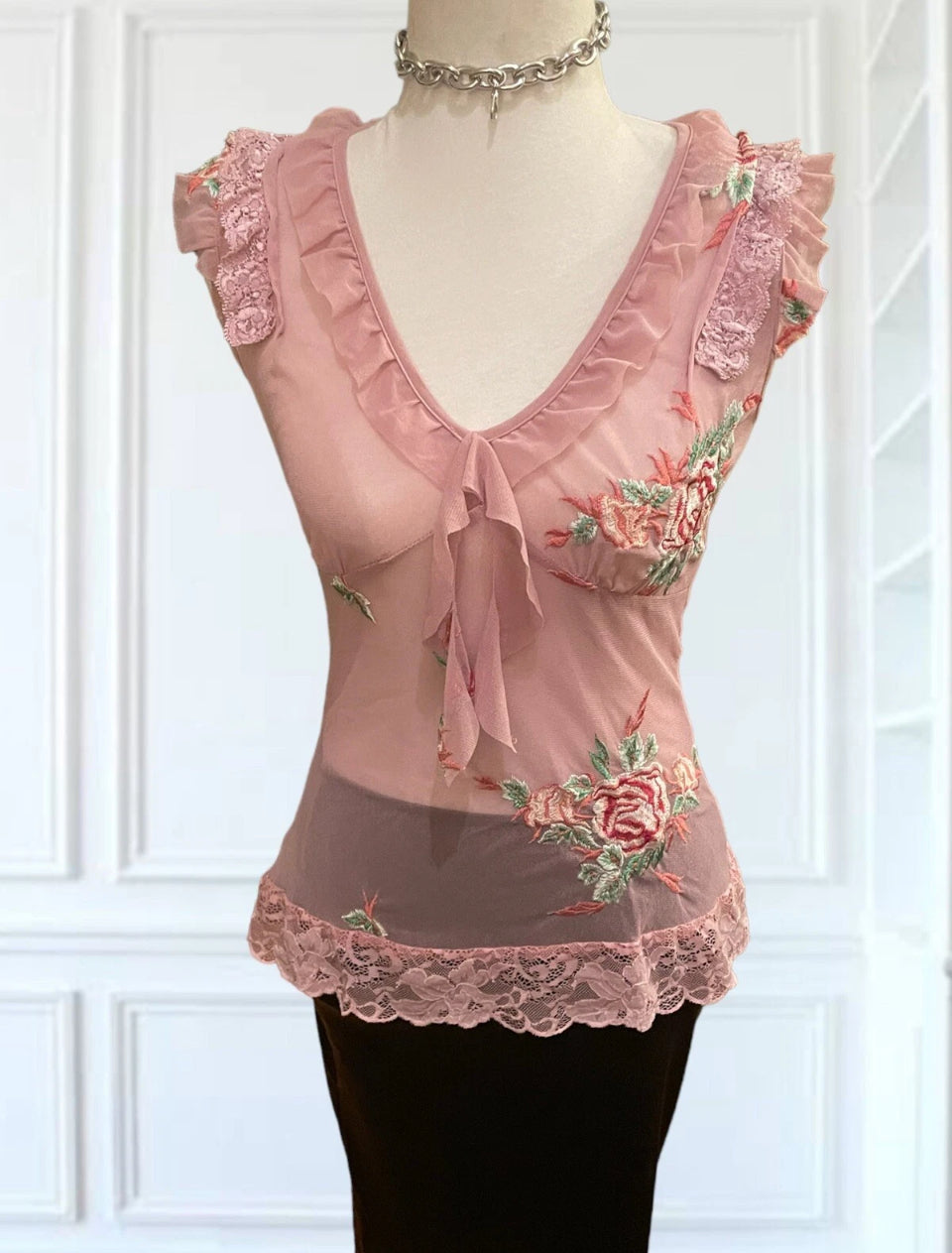Vintage Mesh Top 90s Y2K Pink Mesh Floral Embroidery Lace Blouse Size Small