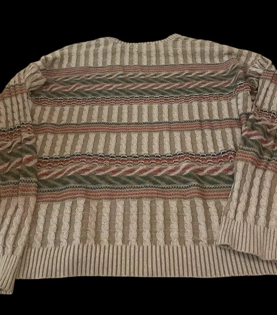 Men's Vintage Sweater Mens Coogi style jumper Cable Hand Knit preppy Grunge Fair isle Nordic Brown XL