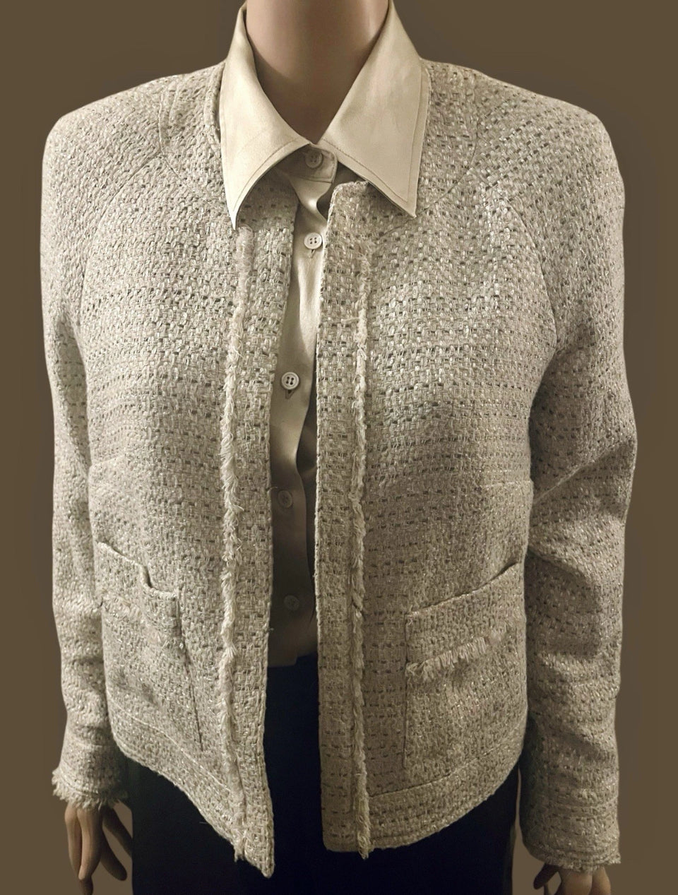Vintage Jacket Chanel Style Jacket Boucle Tweed Tailored Designer Y2K Mango Suit Jacket Beige Cream Cardigan Blazer