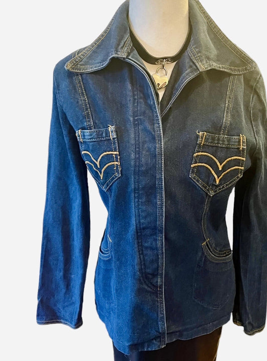 Vintage 1970s Denim Jacket Retro Western Fitted Jacket Dagger Collar Rare Genuine Vintage Dark Denim Size Small