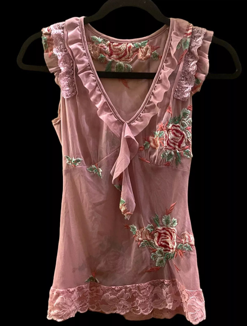 Vintage Mesh Top 90s Y2K Pink Mesh Floral Embroidery Lace Blouse Size Small