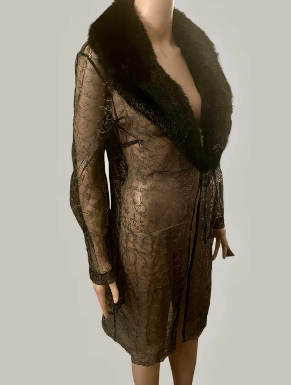 Vintage Black Lace Fur Coat Duster 1990s Sheer Embroidered Lace Faux Fur Glam Gothic Boudoir Burlesque vibes Size Medium