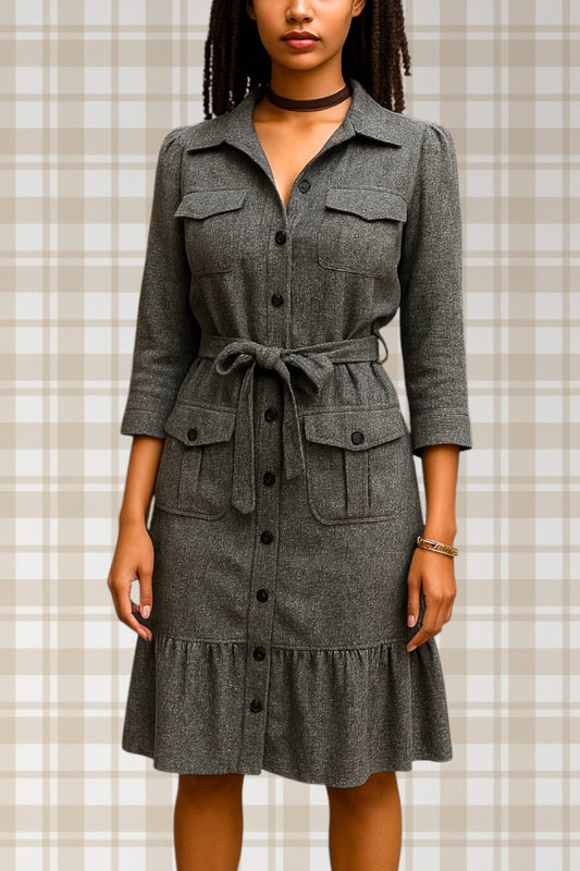 Vintage Dress 1990s Coat Dress Tweed Boucle Dress Pin Up Wiggle Dress Ruffle Hem Belted Grey Size Small