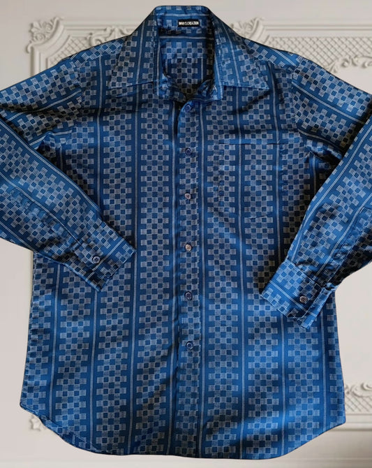 Vintage Silk Shirt 1990s Vintage Men’s shirt Striped Geo Print Blue pure Silk Tailored Shirt Botton Down Size L