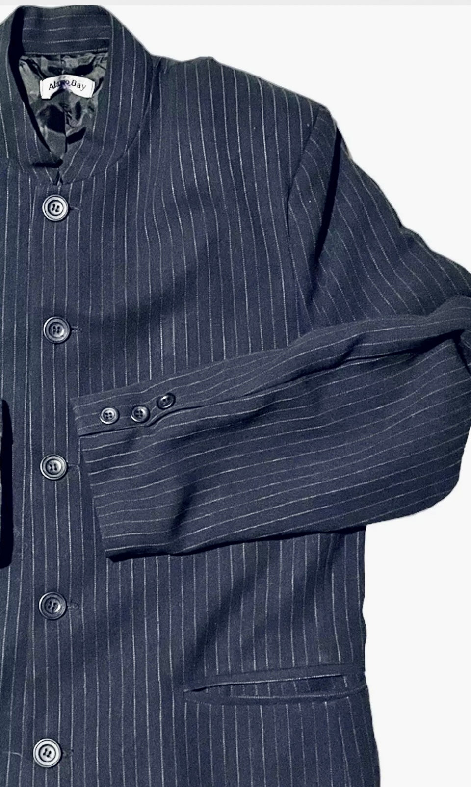 Men’s Blazer Vintage Men's Jacket 1990s Navy Pinstripe Blazer Tailored Minimalist Nehru Mandarin Collar Size L