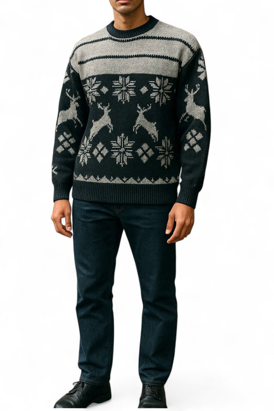 Vintage Sweater Nordic Polo style Fair Isle Reindeer Snowflake Wool Blend Black Grey XL