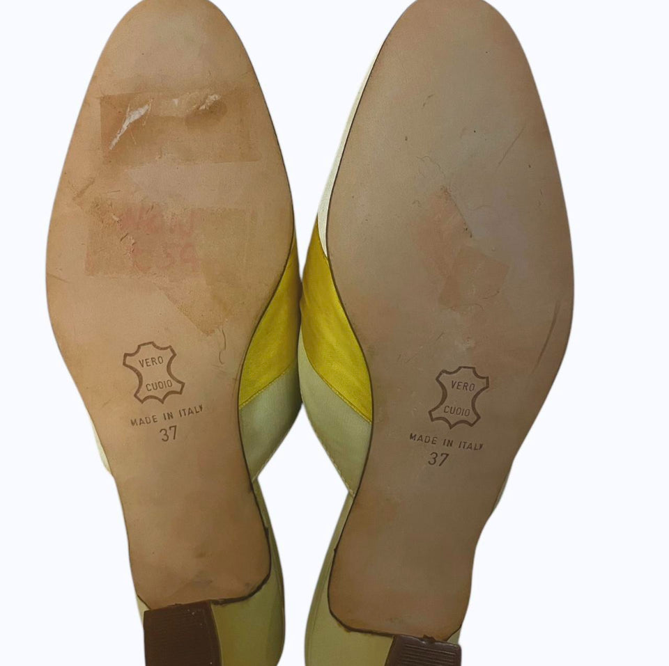 Vintage Shoes 1960s Kitten Heels Mules Clio Bond Street London Gold Satin Leather Shoes Diamond Buckle Retro Glam Size 6