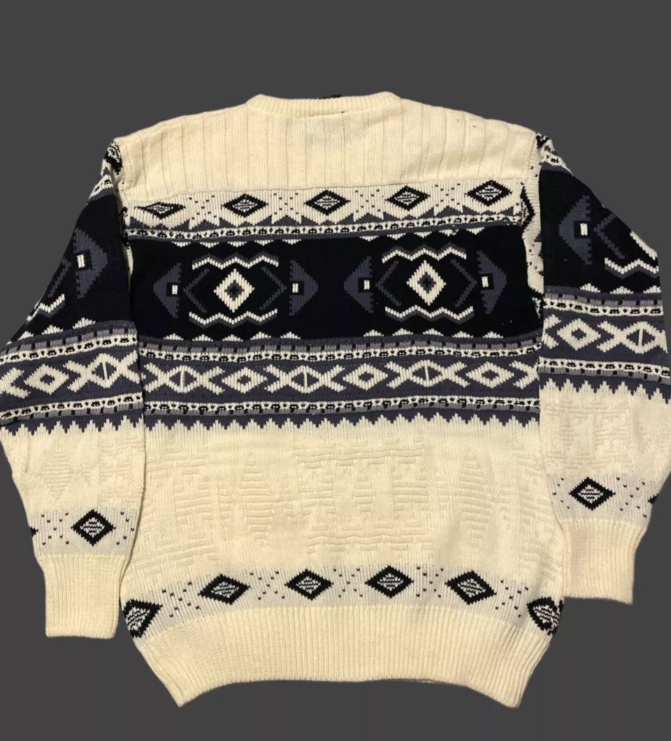 Men’s Vintage Sweater Mens Nordic Sweater Cowichan Style Vintage 80s Knit Fair Isle White Navy XL