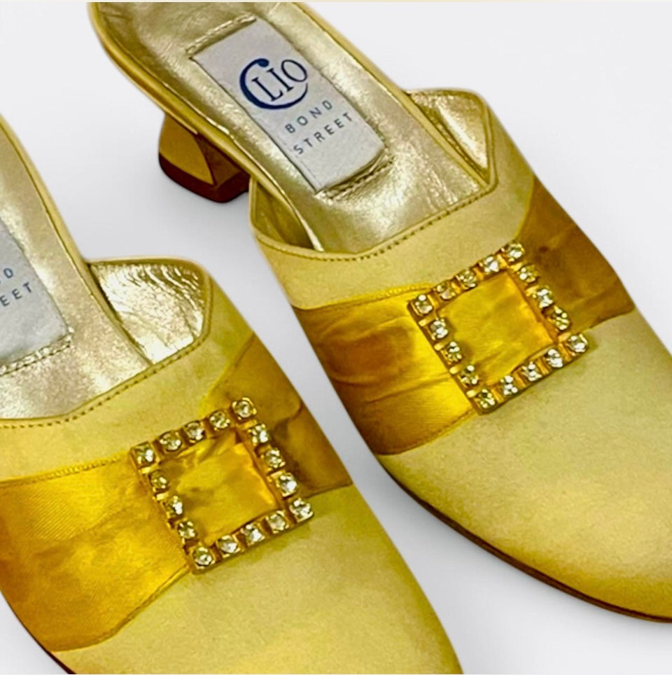 Vintage Shoes 1960s Kitten Heels Mules Clio Bond Street London Gold Satin Leather Shoes Diamond Buckle Retro Glam Size 6