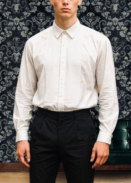 Men’s Vintage Shirt Tuxedo Shirt White Pleated Pure Cotton Classic Formal Dress Shirt XL