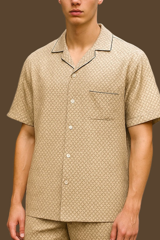 Men’s 1950s Vintage Pyjamas Short Sleeve Short Pyjamas Vintage Sleepwear Beige Geo Retro Print Size M