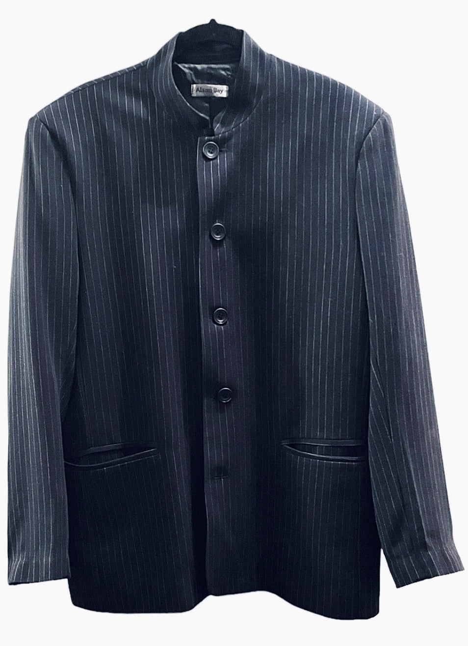 Men’s Blazer Vintage Men's Jacket 1990s Navy Pinstripe Blazer Tailored Minimalist Nehru Mandarin Collar Size L