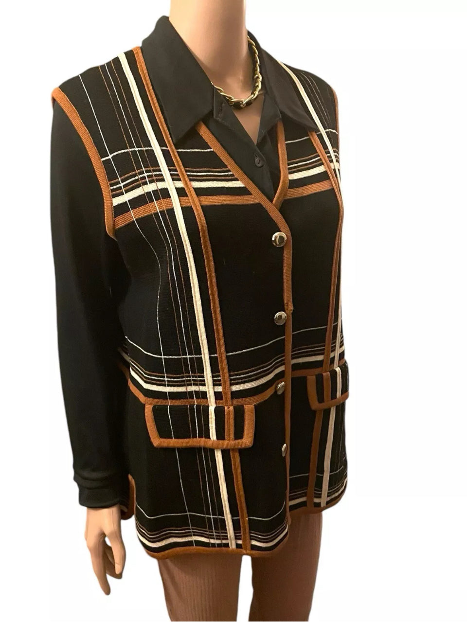 Vintage Vest 1950s Wool Vest Women’s Black Plaid Button Up Sleeveless Jacket Mod Style Atomic Era Size M