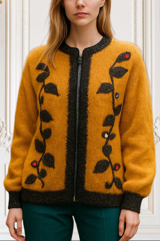 Women’s Vintage Jacket 1930s Cardigan Hand knit Mohair Pure Wool Bomber Jacket Gothic Glam Floral Embroidery Jewel Appliqué Rare Vintage Size XL