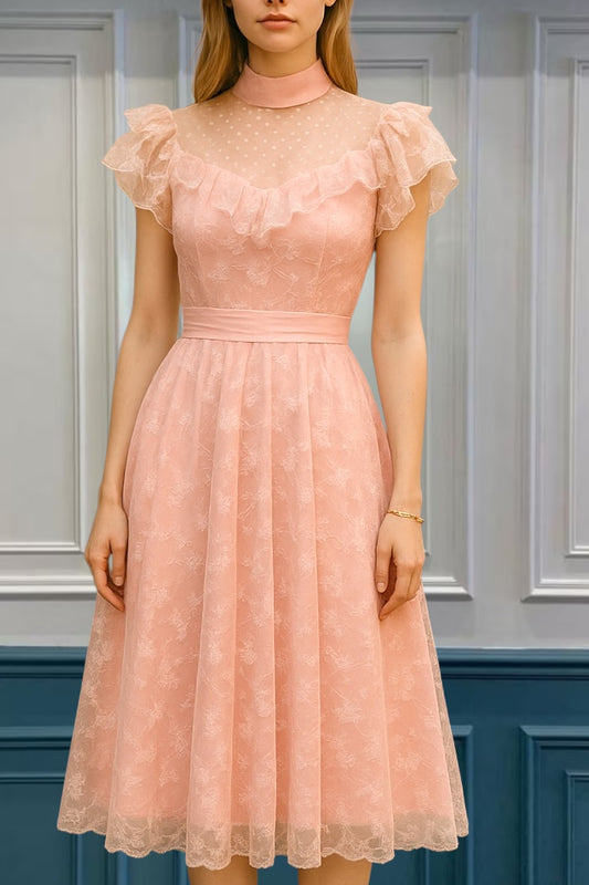 Vintage Dress 1960s Pink Lace Flocked Rockabilly Dress Princess Style Party Dress Ruffles Coquette Kawaii Size Small