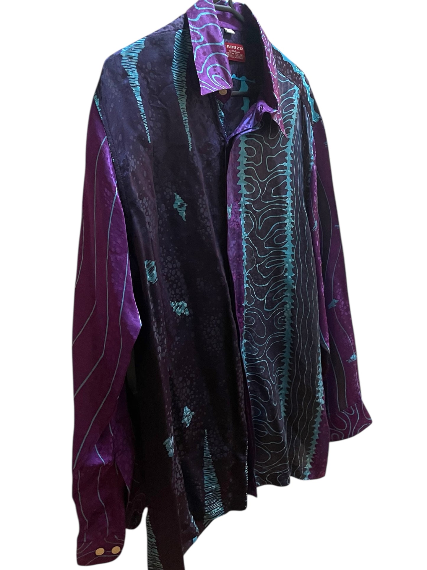 Vintage Men's Dress Shirt 1990s Pure Silk Batik Print Shirt Long Sleeve Elvis Dandy Rockabilly Size L
