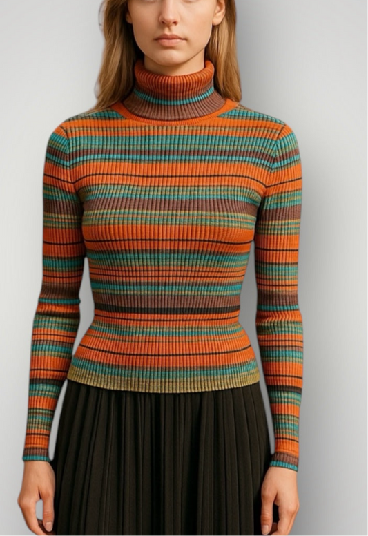 Vintage Turtleneck Striped Ribbed Skivvy Long Sleeve Vintage 80s Knitwear Retro Women’s Size Small