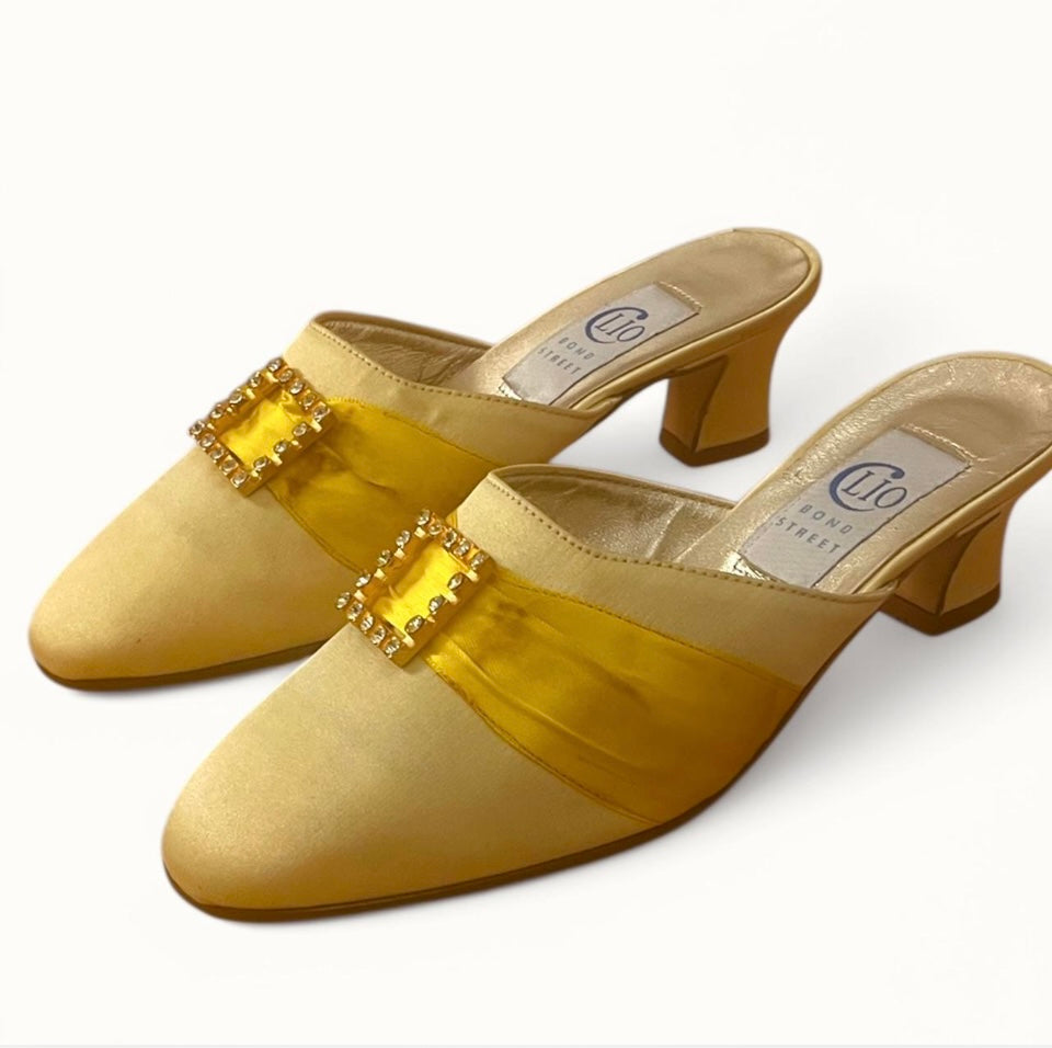 Vintage Shoes 1960s Kitten Heels Mules Clio Bond Street London Gold Satin Leather Shoes Diamond Buckle Retro Glam Size 6