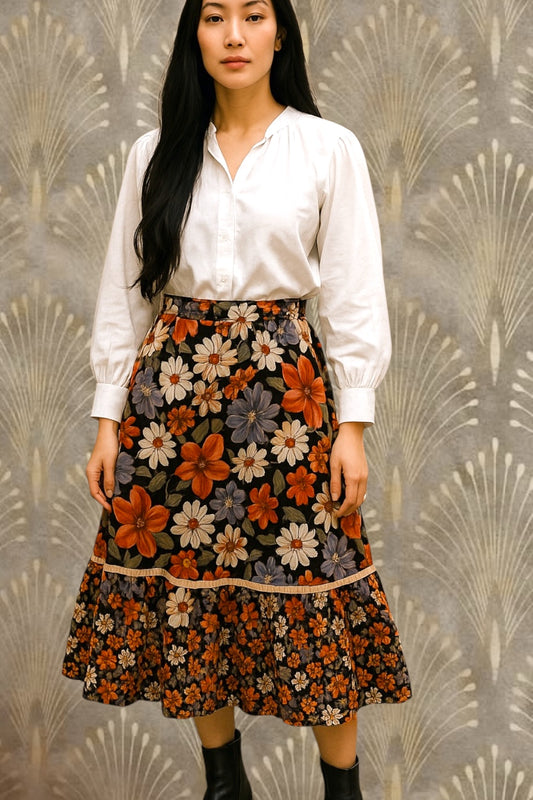 Vintage Skirt Floral 1960s Hippie era floral print skirt A line midi Skirt ruffle hem pure cotton size Small