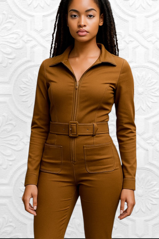 Vintage Jumpsuit 1990s Catsuit Brown Fitted Stretch Sexy 70s Boho Style Size 8 Small