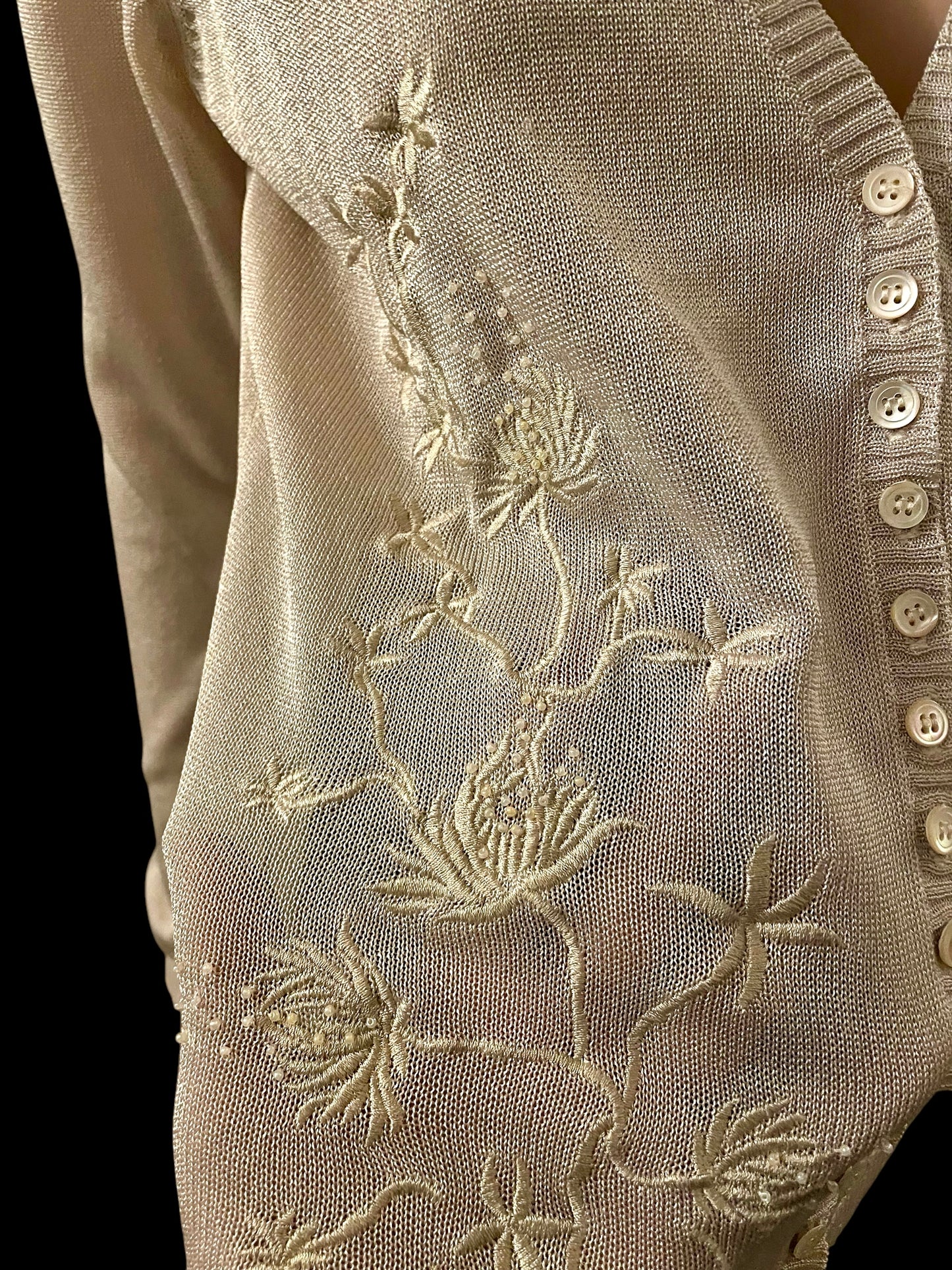 Women’s Vintage Cardigan Embroidered V Neck Cardigan Delicate Floral Detail Hand Sewn Pearl White Size small
