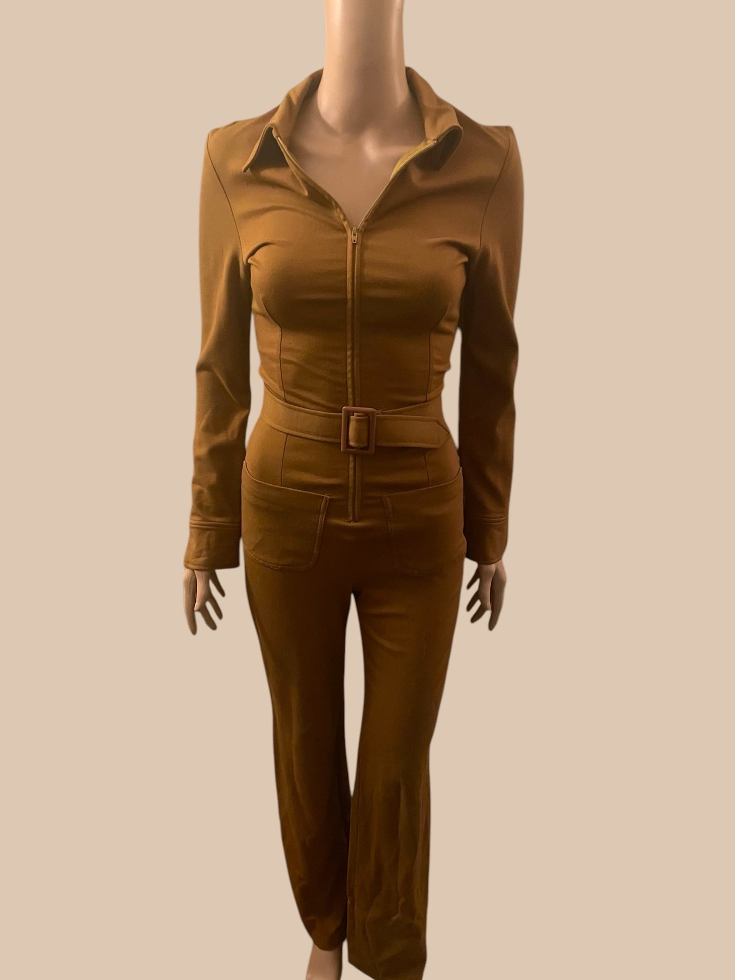 Vintage Jumpsuit 1990s Catsuit Brown Fitted Stretch Sexy 70s Boho Style Size 8 Small