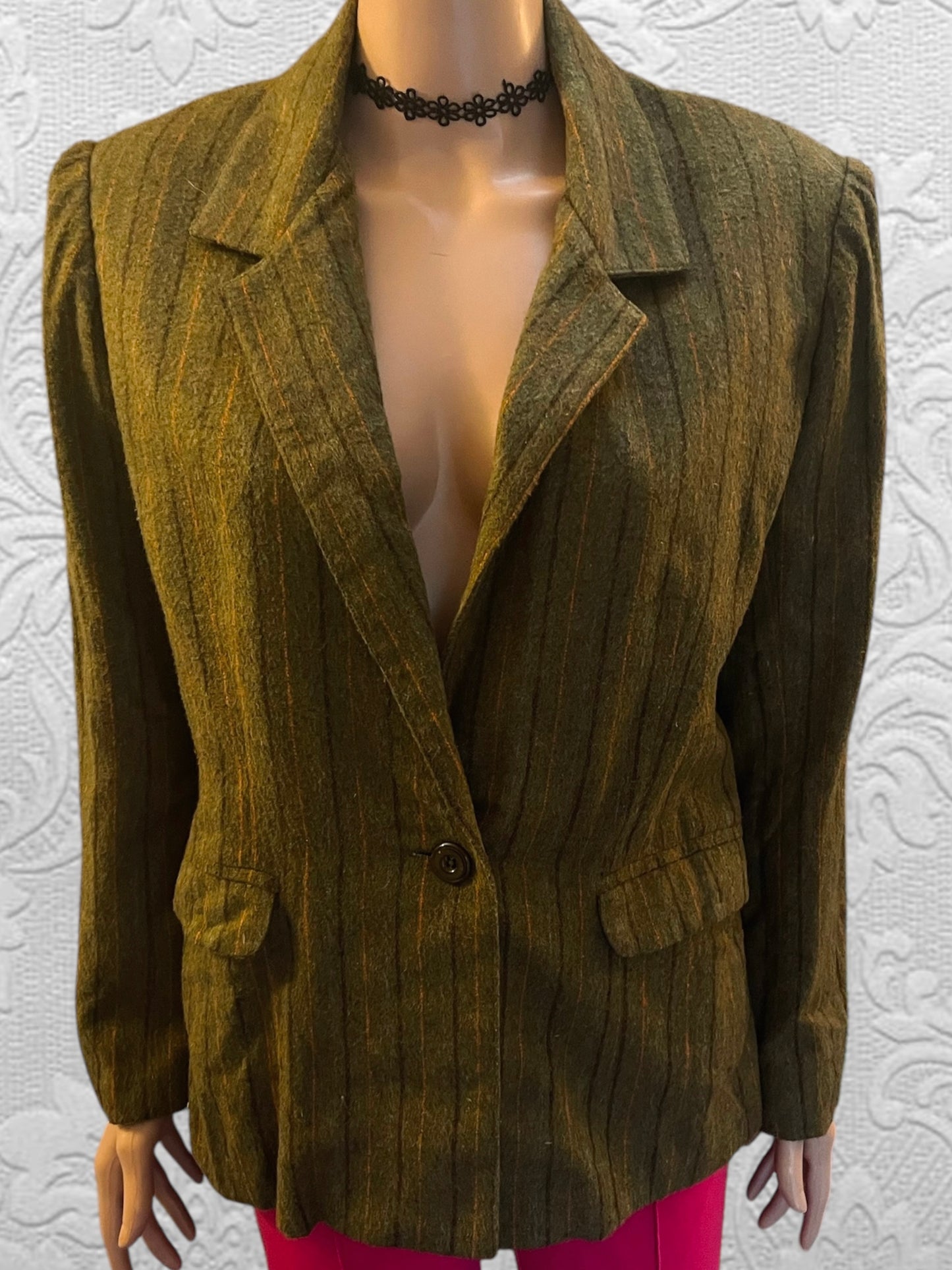 Vintage Blazer Women’s 1920s Striped Jacket Wool Felt Classic Tailored Jacket Khaki Size M