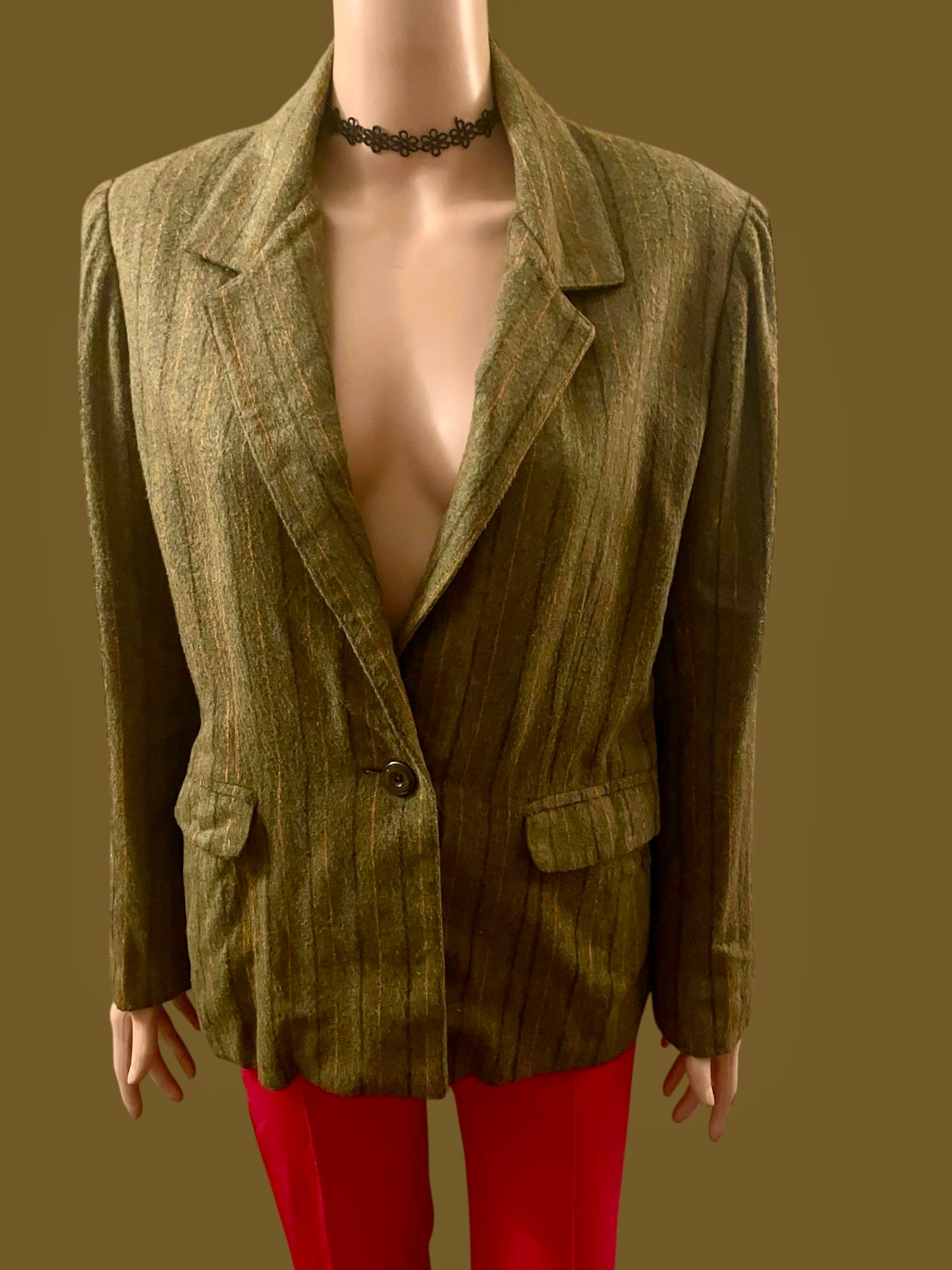 Vintage Blazer Women’s 1920s Striped Jacket Wool Felt Classic Tailored Jacket Khaki Size M