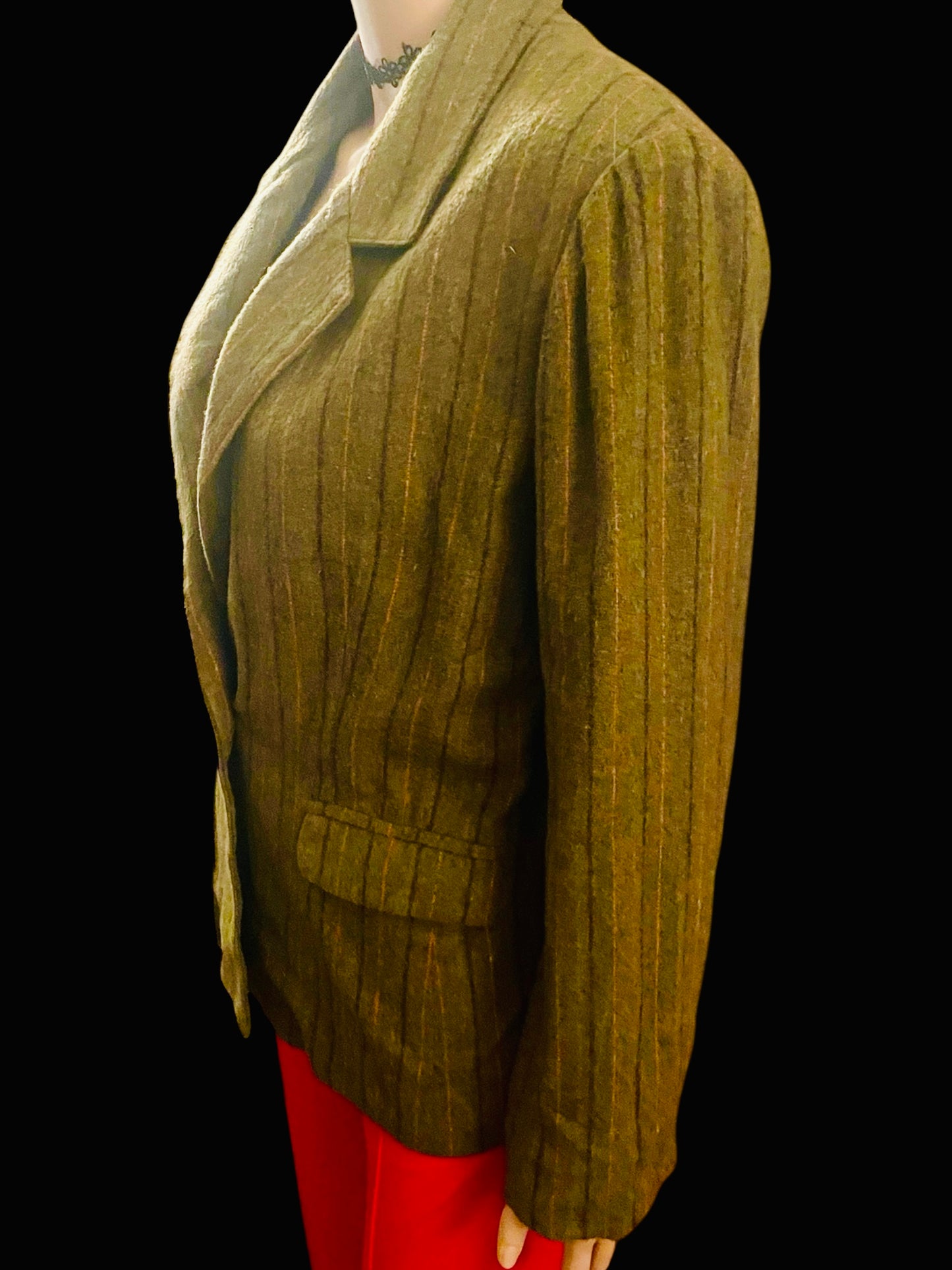 Vintage Blazer Women’s 1920s Striped Jacket Wool Felt Classic Tailored Jacket Khaki Size M